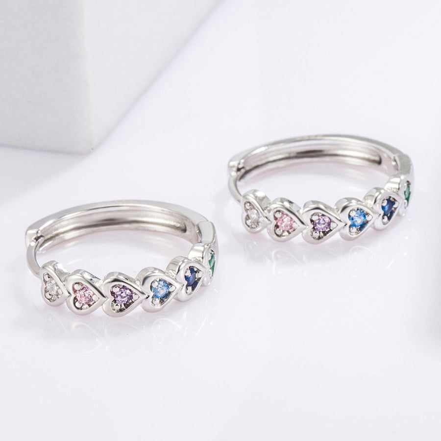 925 Sterling Silver Inlaid Zircon Heart Huggie Earrings Silver / One Size Apparel and Accessories