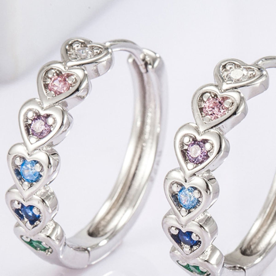 925 Sterling Silver Inlaid Zircon Heart Huggie Earrings Silver / One Size Apparel and Accessories