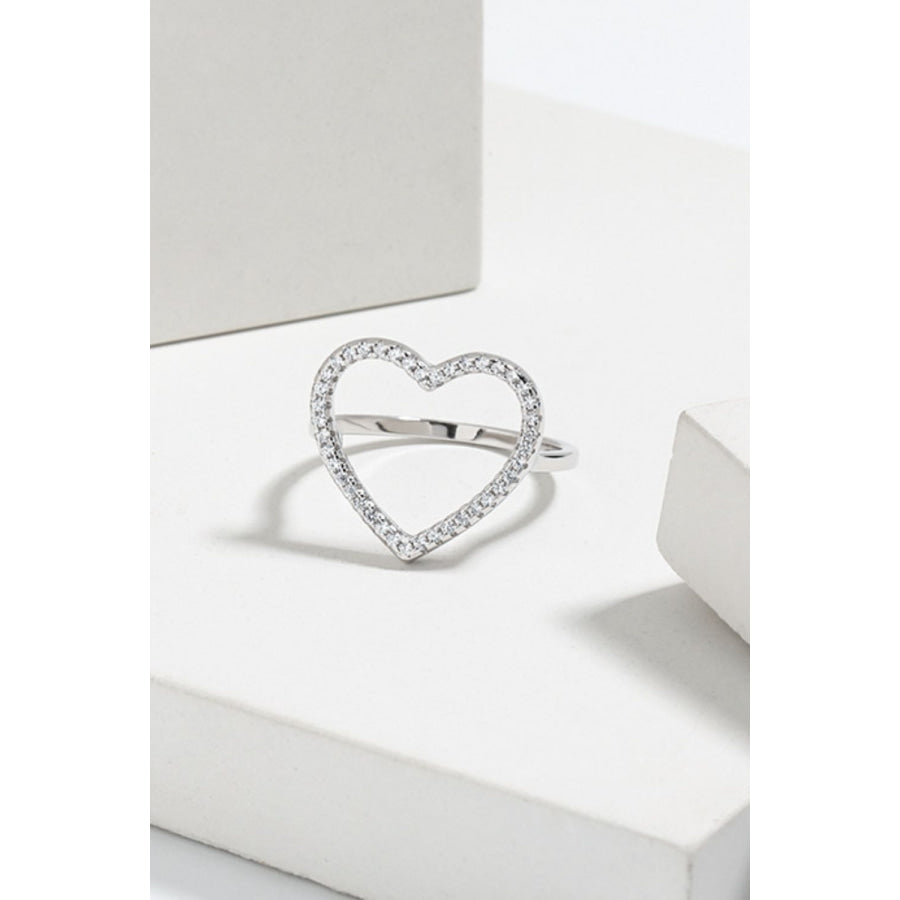 925 Sterling Silver Inlaid Zircon Heart Ring Silver / 6 Apparel and Accessories