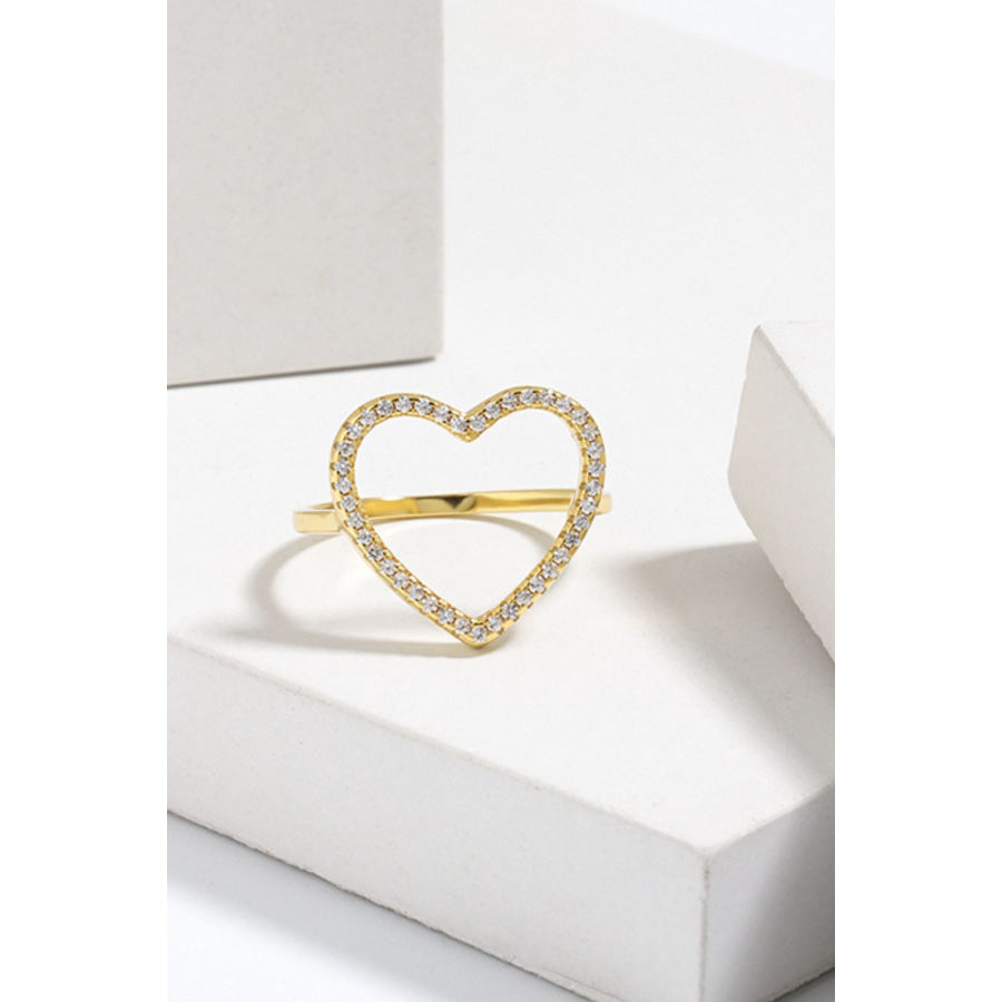 925 Sterling Silver Inlaid Zircon Heart Ring Gold / 6 Apparel and Accessories