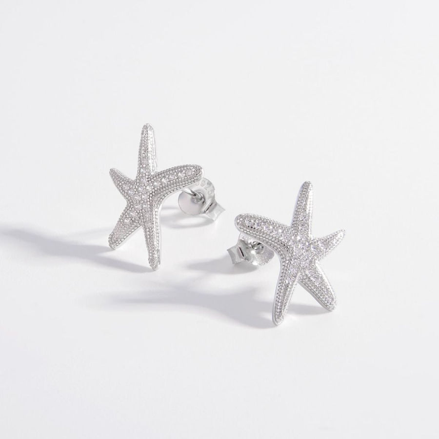 925 Sterling Silver Inlaid Zircon Starfish Earrings Silver / One Size Apparel and Accessories