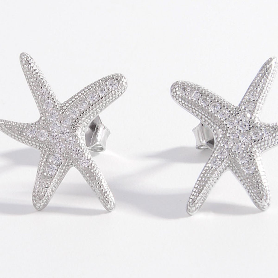 925 Sterling Silver Inlaid Zircon Starfish Earrings Silver / One Size Apparel and Accessories