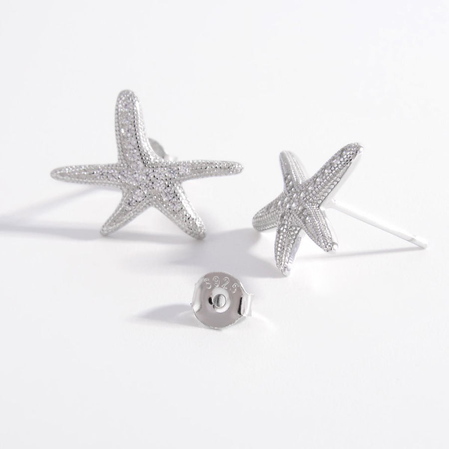 925 Sterling Silver Inlaid Zircon Starfish Earrings Silver / One Size Apparel and Accessories