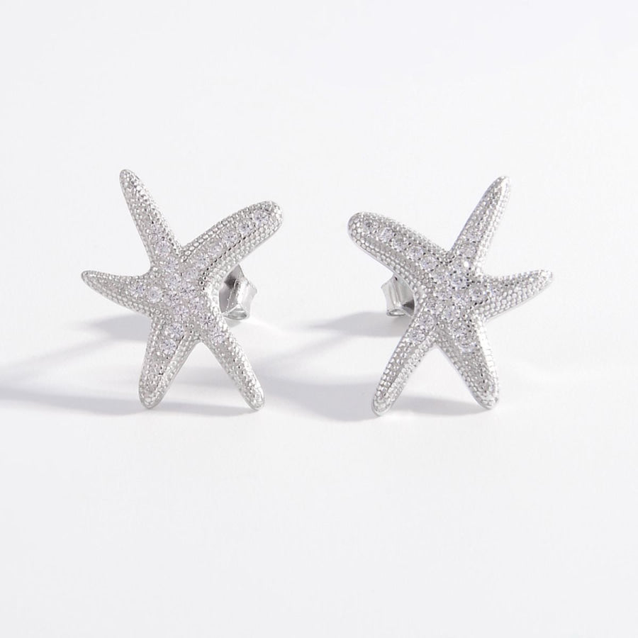 925 Sterling Silver Inlaid Zircon Starfish Earrings Silver / One Size Apparel and Accessories