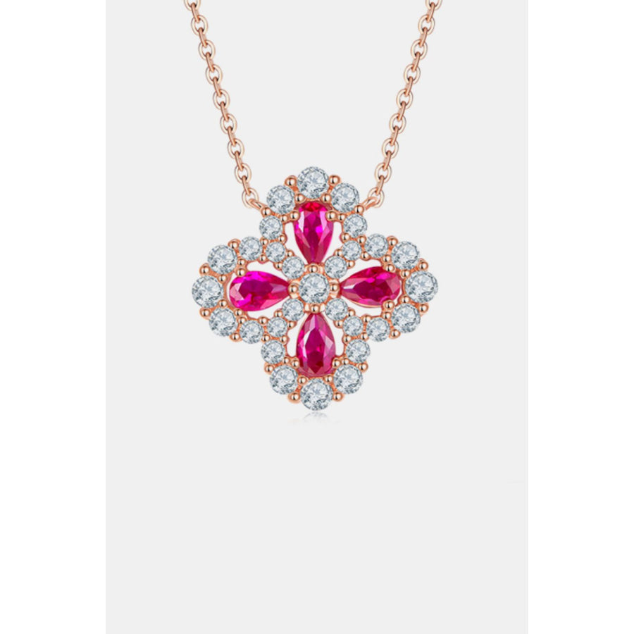 925 Sterling Silver Lab-Grown Ruby Flower Shape Necklace Silver / One Size Apparel and Accessories