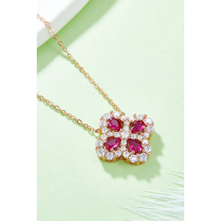 925 Sterling Silver Lab-Grown Ruby Flower Shape Necklace Silver / One Size Apparel and Accessories