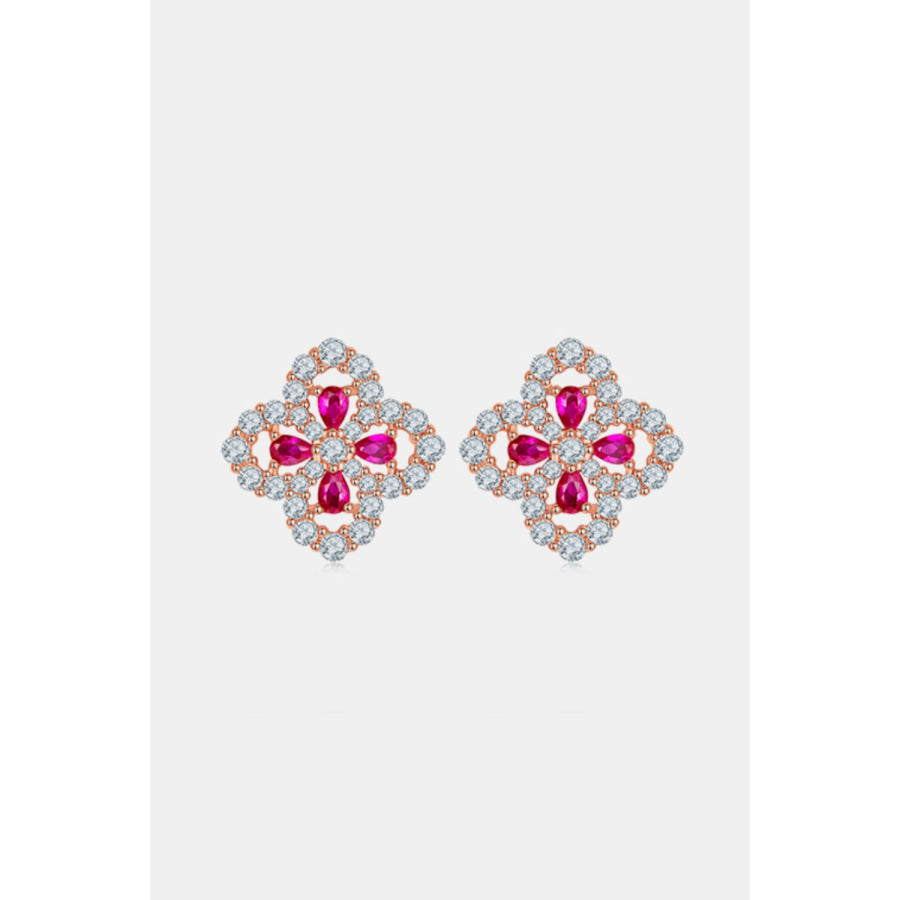 925 Sterling Silver Lab-Grown Ruby Flower Shape Stud Earrings Silver / One Size Apparel and Accessories