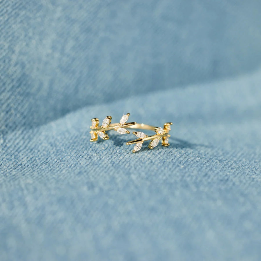 925 Sterling Silver Leaf Open Ring Gold / 7 Apparel and Accessories