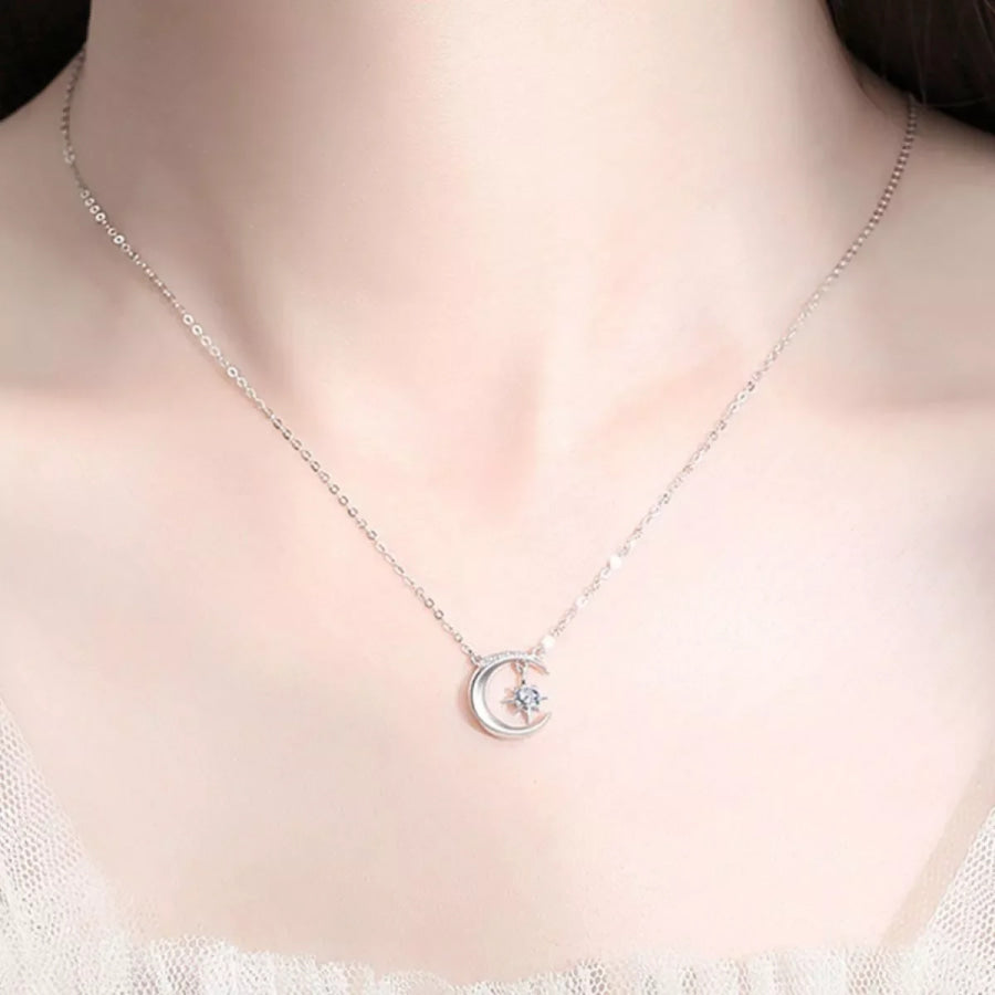 925 Sterling Silver Moissanite Star Moon Necklace Silver / onesize Apparel and Accessories