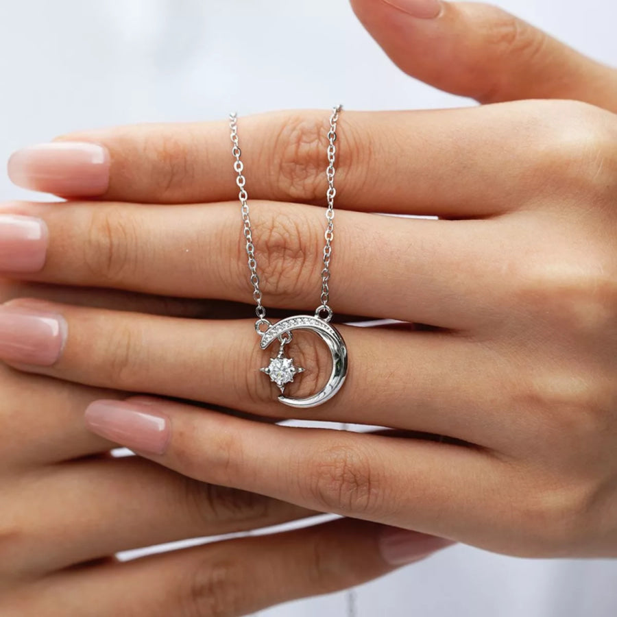 925 Sterling Silver Moissanite Star Moon Necklace Silver / onesize Apparel and Accessories