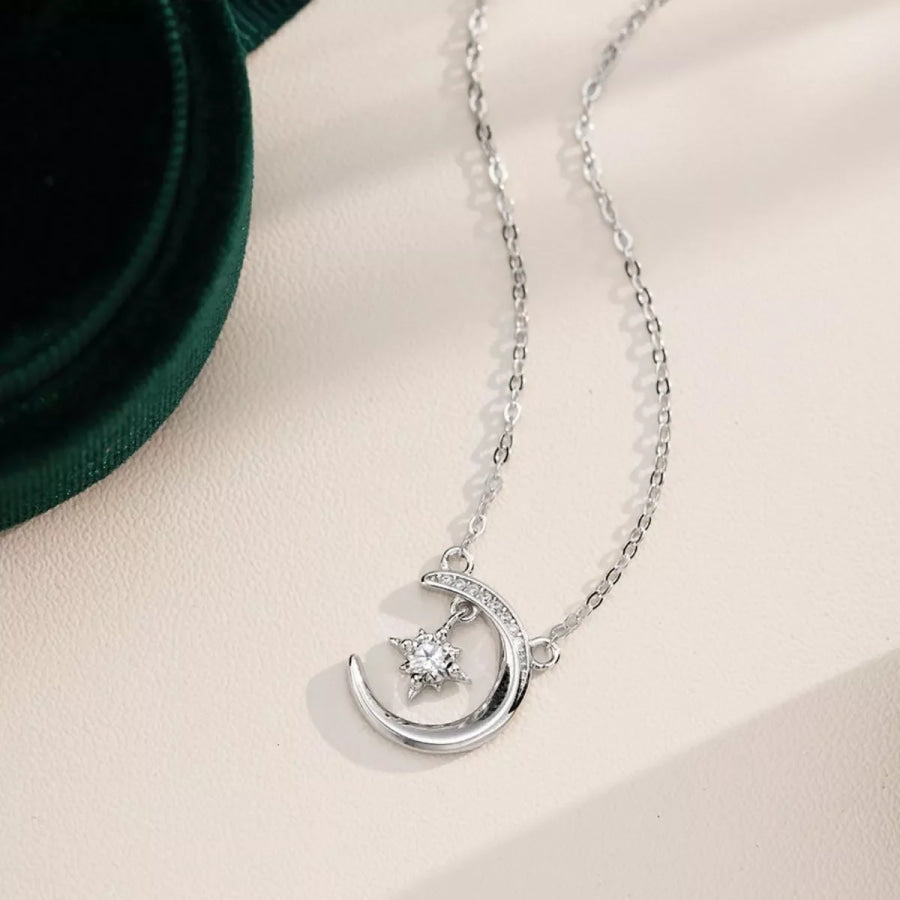 925 Sterling Silver Moissanite Star Moon Necklace Silver / onesize Apparel and Accessories