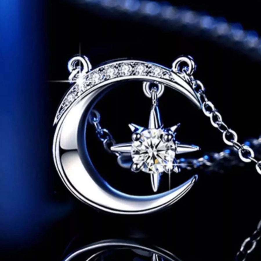 925 Sterling Silver Moissanite Star Moon Necklace Silver / onesize Apparel and Accessories