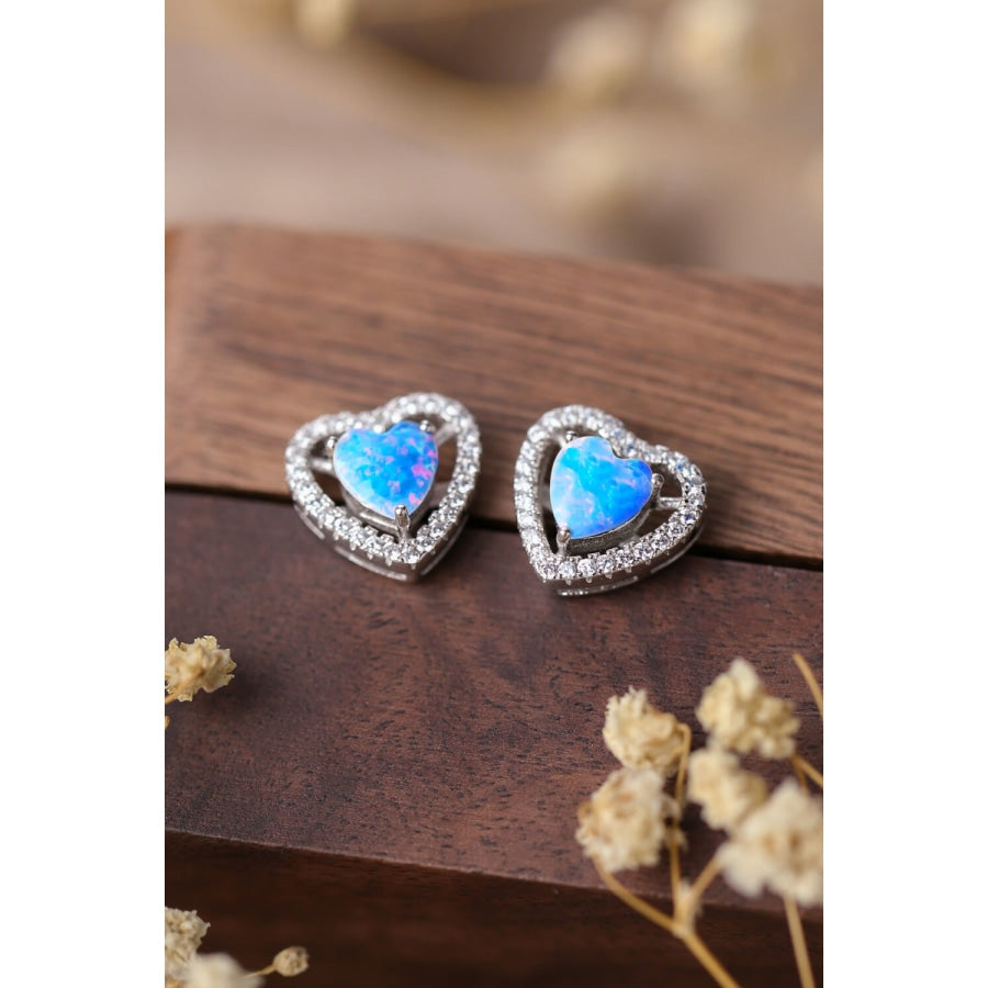 925 Sterling Silver Opal Heart Stud Earrings Sky Blue / One Size