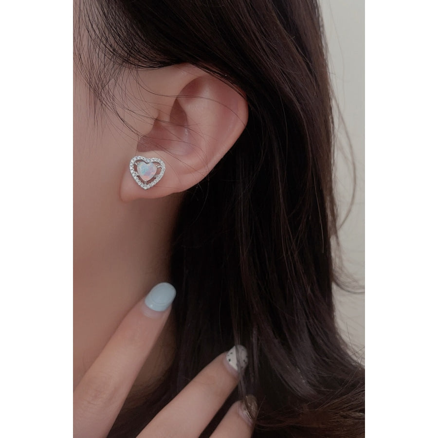 925 Sterling Silver Opal Heart Stud Earrings