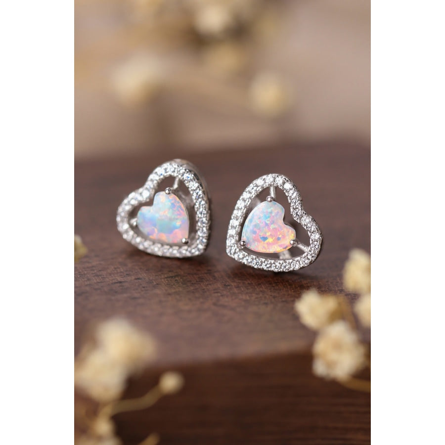 925 Sterling Silver Opal Heart Stud Earrings