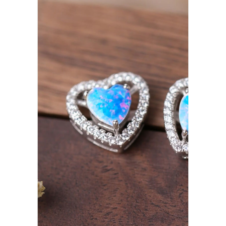 925 Sterling Silver Opal Heart Stud Earrings