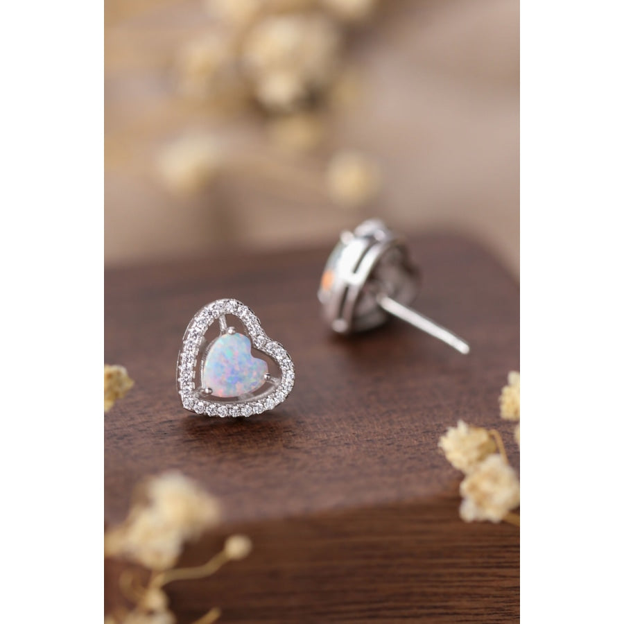 925 Sterling Silver Opal Heart Stud Earrings