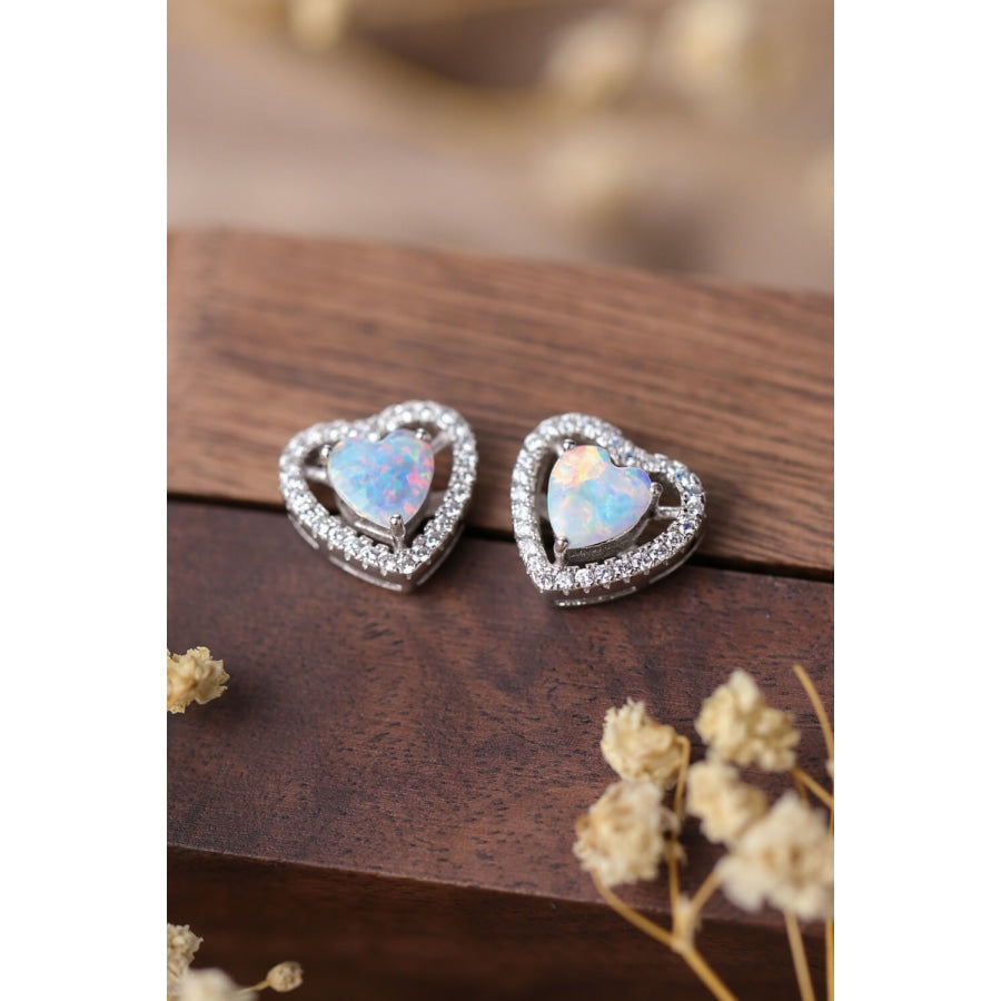 925 Sterling Silver Opal Heart Stud Earrings White / One Size