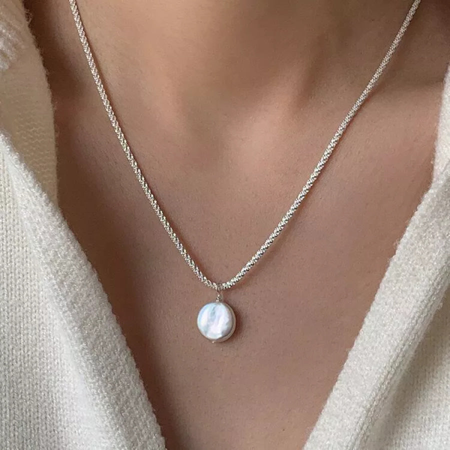 925 Sterling Silver Pearl Necklace Silver / One Size Apparel and Accessories