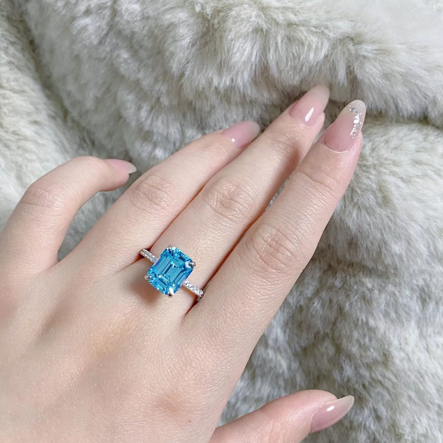 925 Sterling Silver Rectangle Ring Sky Blue / 5 Apparel and Accessories