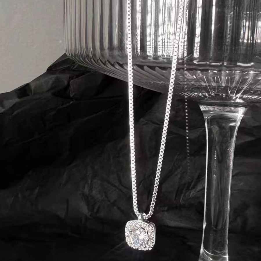 925 Sterling Silver Square Pendant Necklace White Gold / One Size Apparel and Accessories