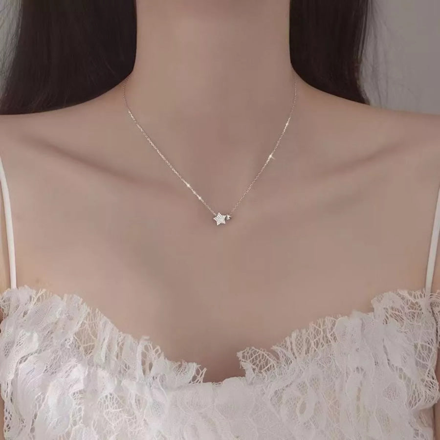 925 Sterling Silver Star Heart Necklace White Gold / One Size Apparel and Accessories