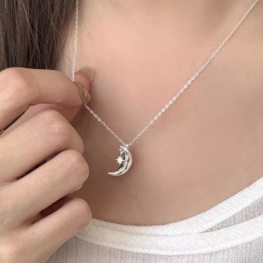 925 Sterling Silver Star Moon Necklace Gray / One Size Apparel and Accessories