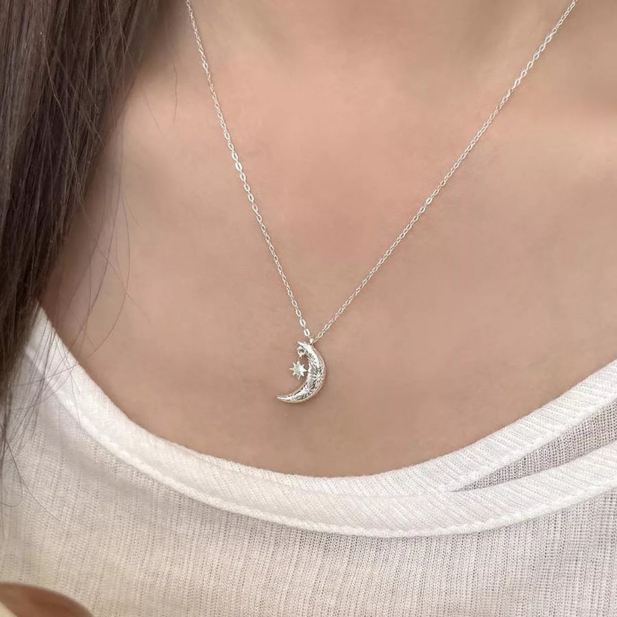 925 Sterling Silver Star Moon Necklace Gray / One Size Apparel and Accessories