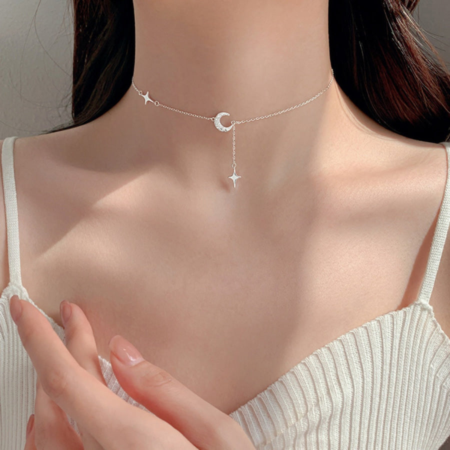925 Sterling Silver Star Moon Necklace Silver / One Size Apparel and Accessories