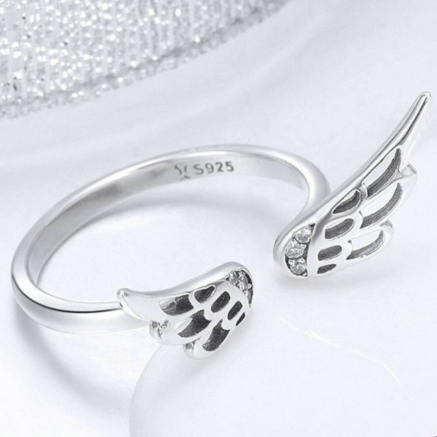 925 Sterling Silver Zircon Angel Wing Open Ring Silver / One Size Apparel and Accessories