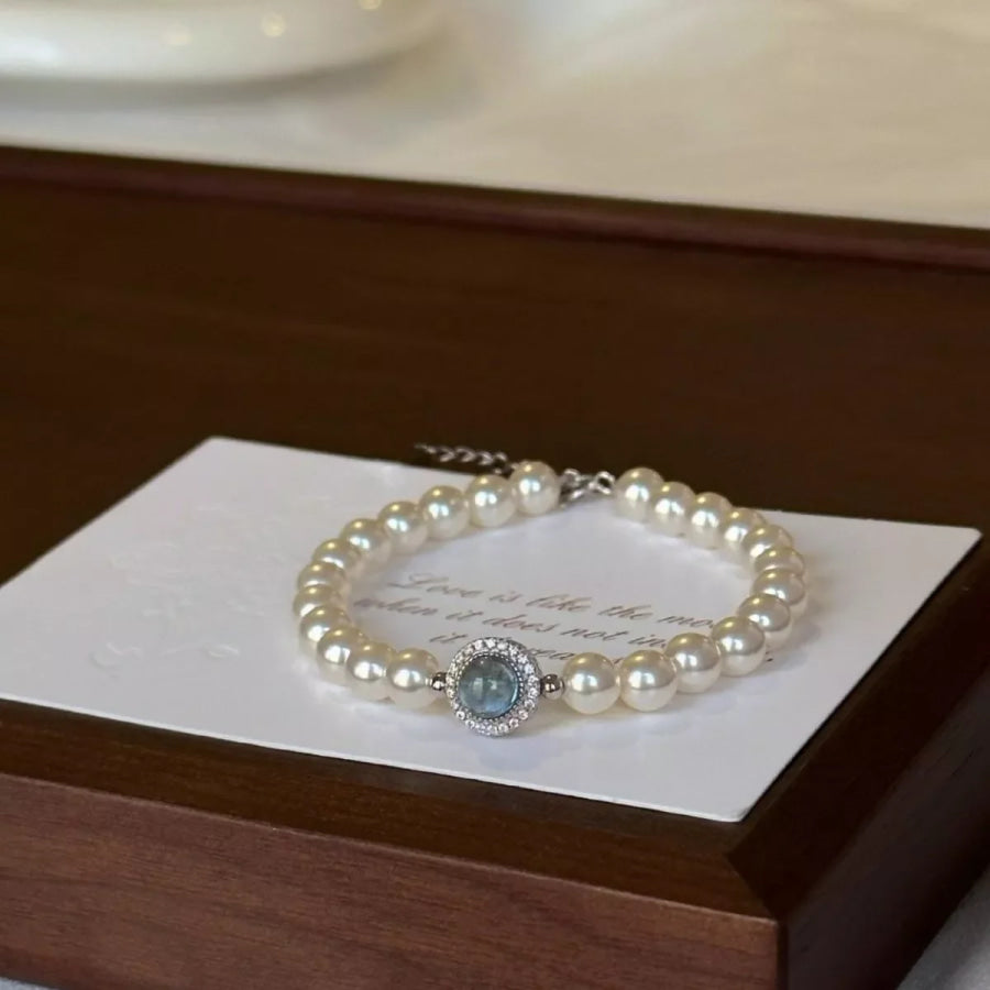 925 Sterling Silver Zircon Bead Pearl Bracelet White / One Size Apparel and Accessories