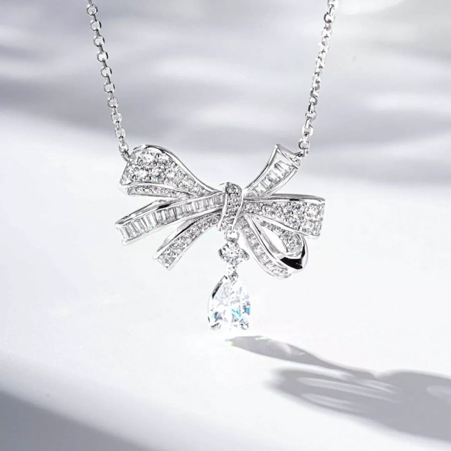 925 Sterling Silver Zircon Bow Teardrop Necklace Silver / One Size Apparel and Accessories