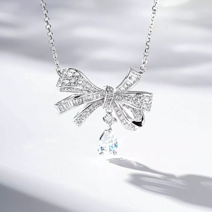 925 Sterling Silver Zircon Bow Teardrop Necklace Silver / One Size Apparel and Accessories