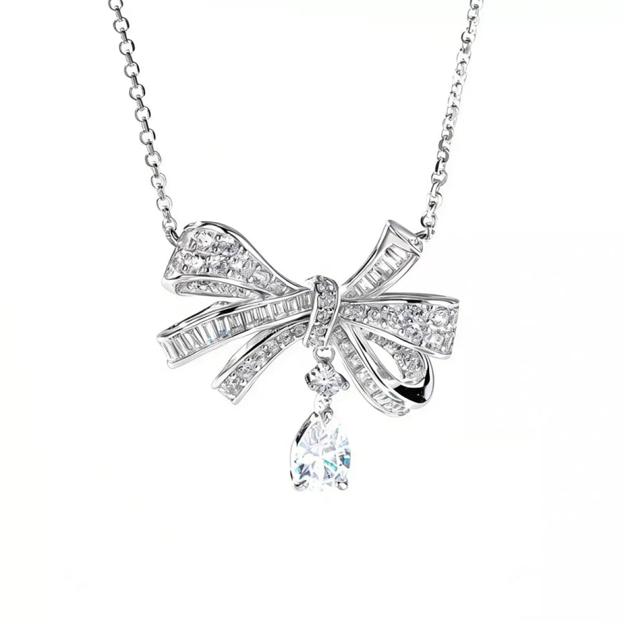 925 Sterling Silver Zircon Bow Teardrop Necklace Silver / One Size Apparel and Accessories