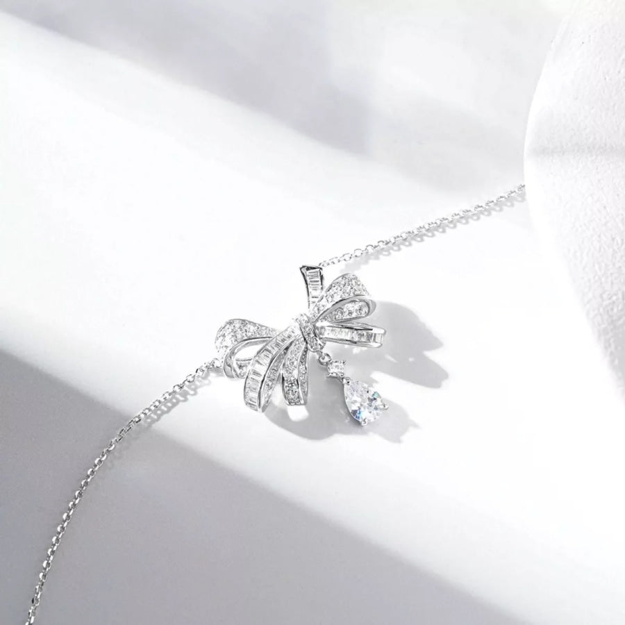 925 Sterling Silver Zircon Bow Teardrop Necklace Silver / One Size Apparel and Accessories