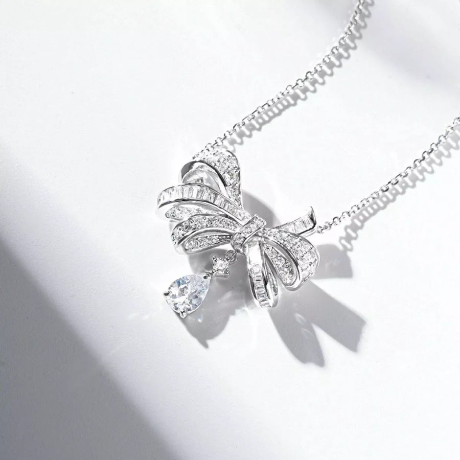 925 Sterling Silver Zircon Bow Teardrop Necklace Silver / One Size Apparel and Accessories