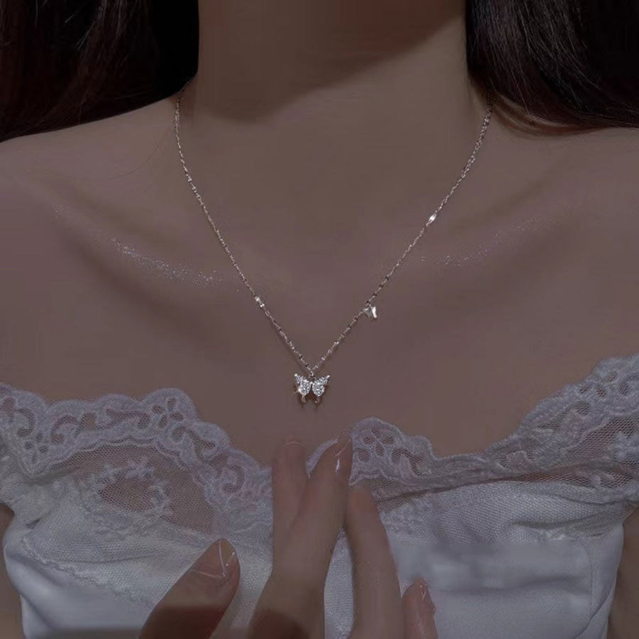 925 Sterling Silver Zircon Butterfly Necklace Silver / One Size Apparel and Accessories