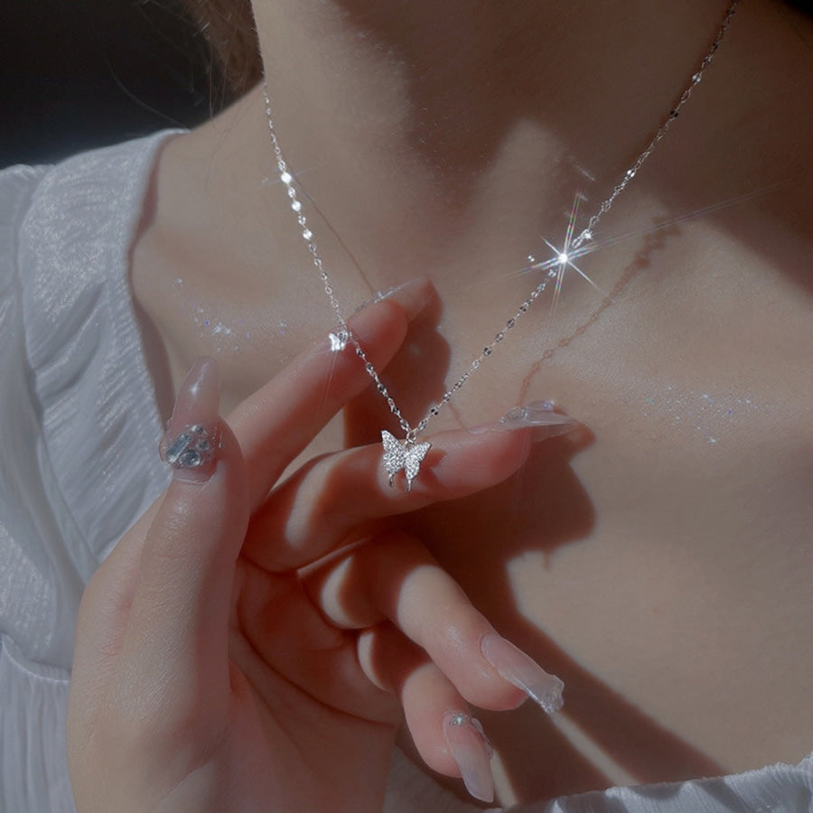 925 Sterling Silver Zircon Butterfly Necklace Silver / One Size Apparel and Accessories