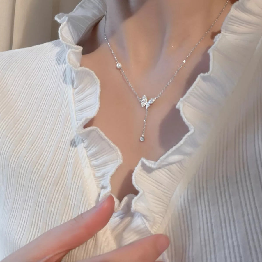 925 Sterling Silver Zircon Butterfly Necklace Silver / One Size Apparel and Accessories