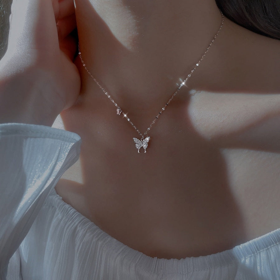 925 Sterling Silver Zircon Butterfly Necklace Silver / One Size Apparel and Accessories