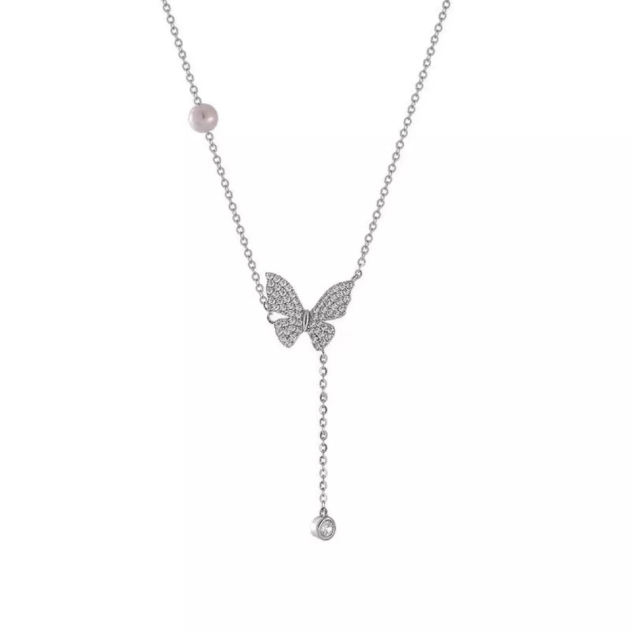 925 Sterling Silver Zircon Butterfly Necklace Silver / One Size Apparel and Accessories