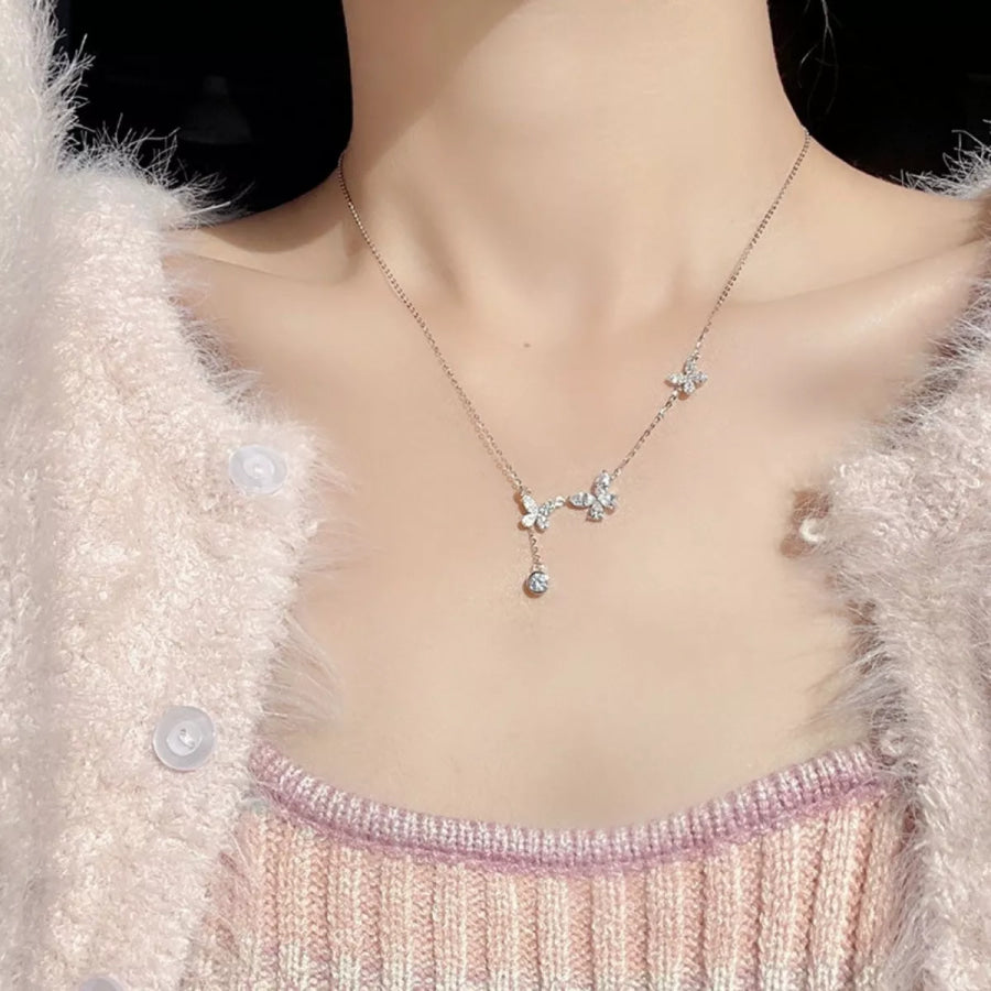 925 Sterling Silver Zircon Butterfly Necklace Silver / One Size Apparel and Accessories
