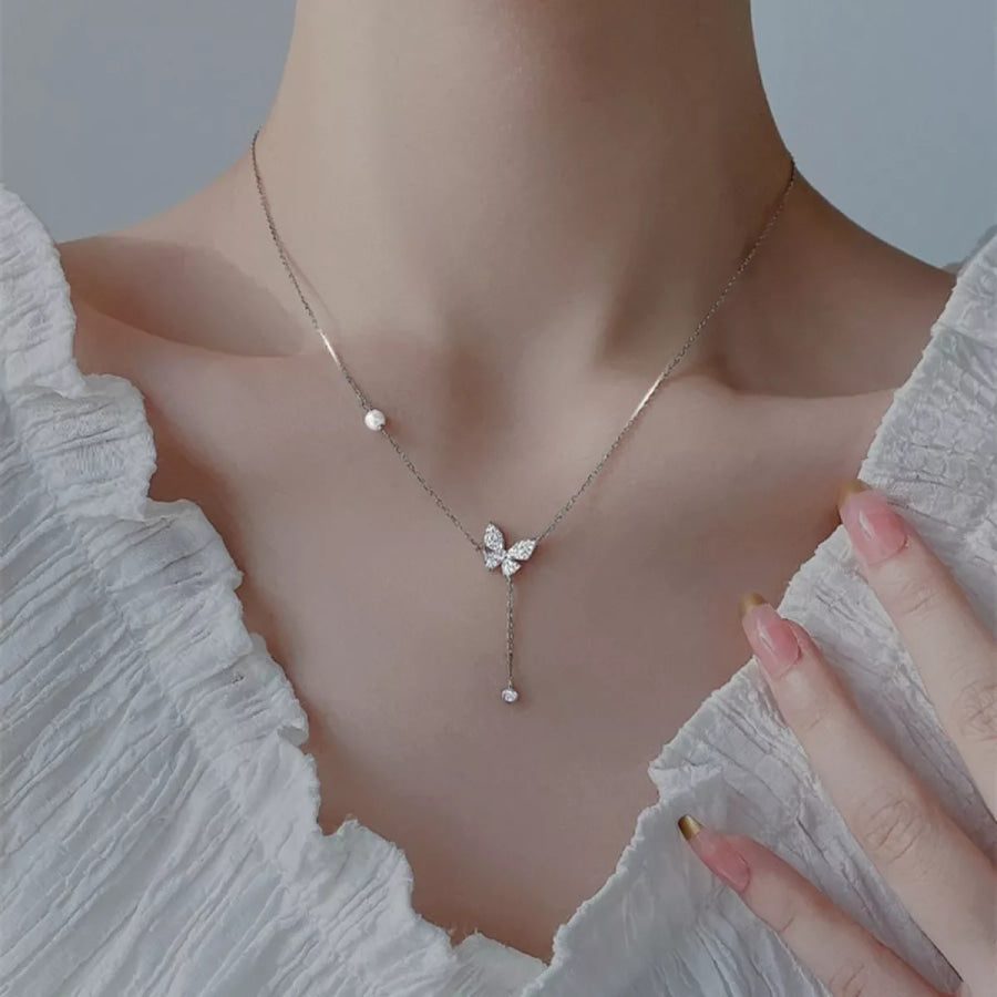 925 Sterling Silver Zircon Butterfly Necklace Silver / One Size Apparel and Accessories