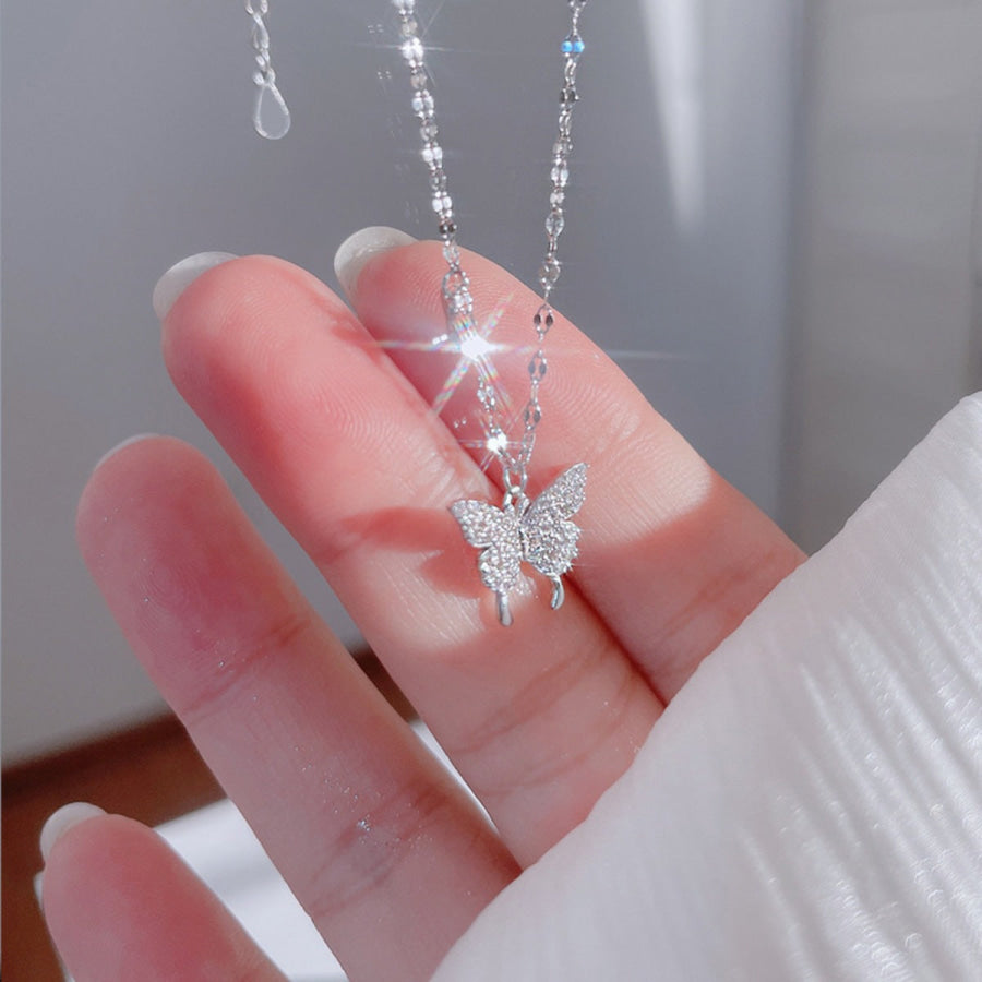 925 Sterling Silver Zircon Butterfly Necklace Silver / One Size Apparel and Accessories