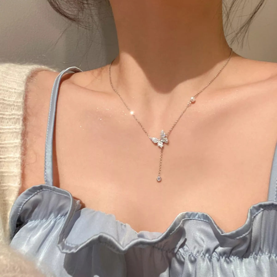 925 Sterling Silver Zircon Butterfly Necklace Silver / One Size Apparel and Accessories