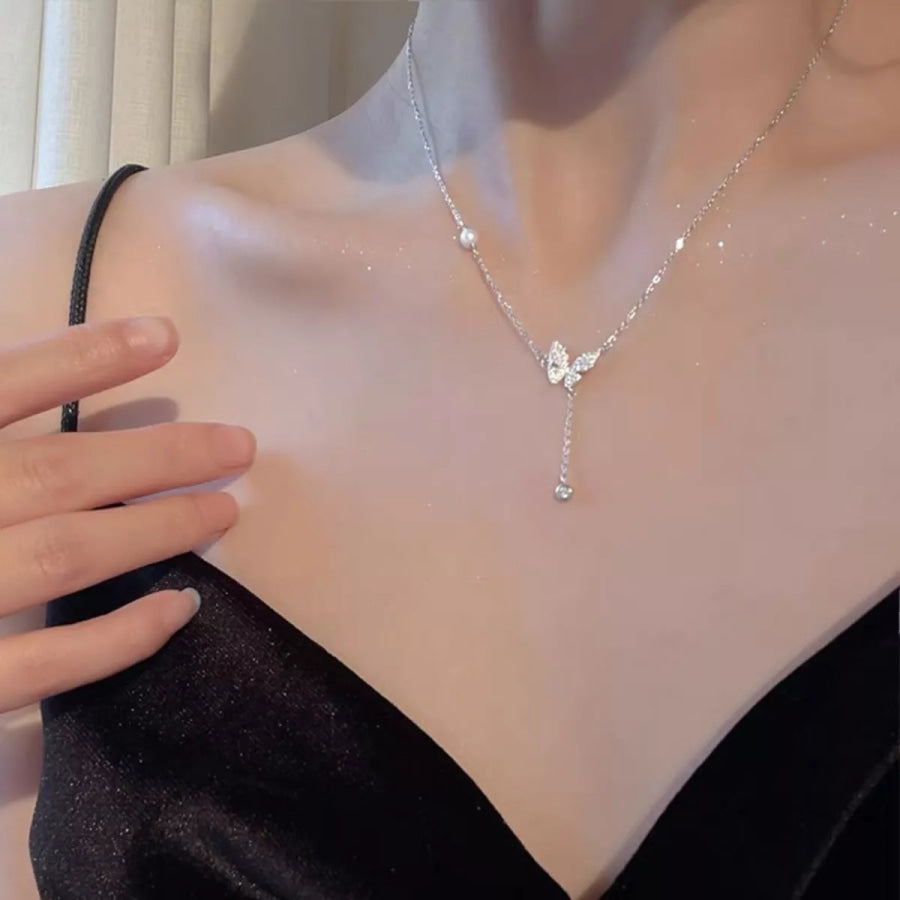 925 Sterling Silver Zircon Butterfly Necklace Silver / One Size Apparel and Accessories