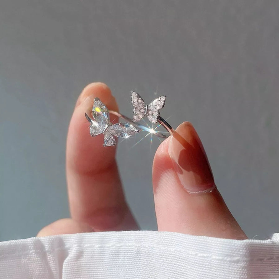 925 Sterling Silver Zircon Butterfly Open Ring Silver / One Size Apparel and Accessories