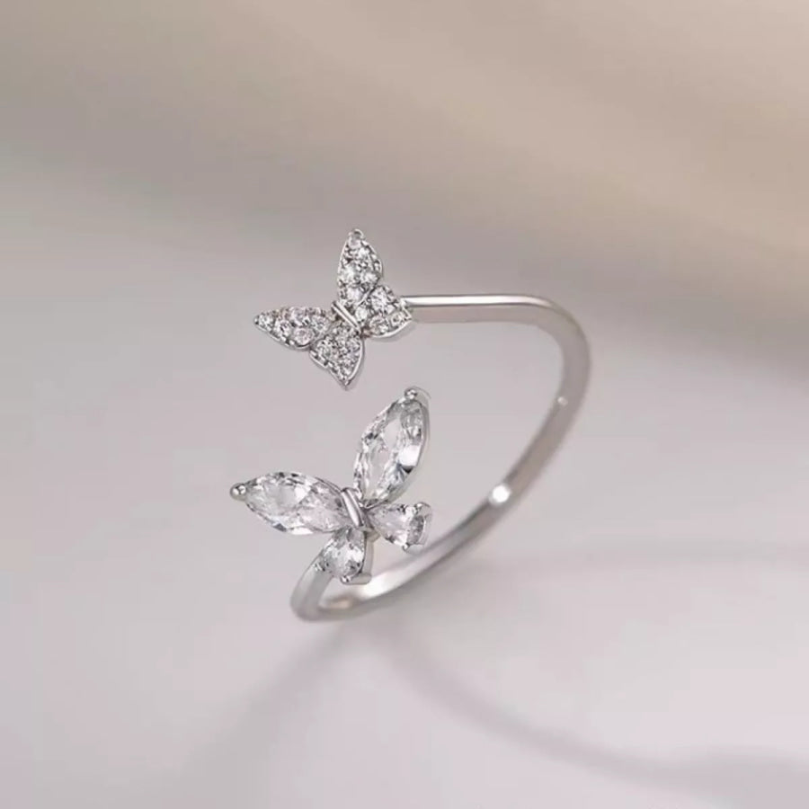 925 Sterling Silver Zircon Butterfly Open Ring Silver / One Size Apparel and Accessories