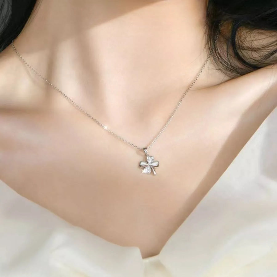 925 Sterling Silver Zircon Clover Pendant Necklace Silver / One Size Apparel and Accessories