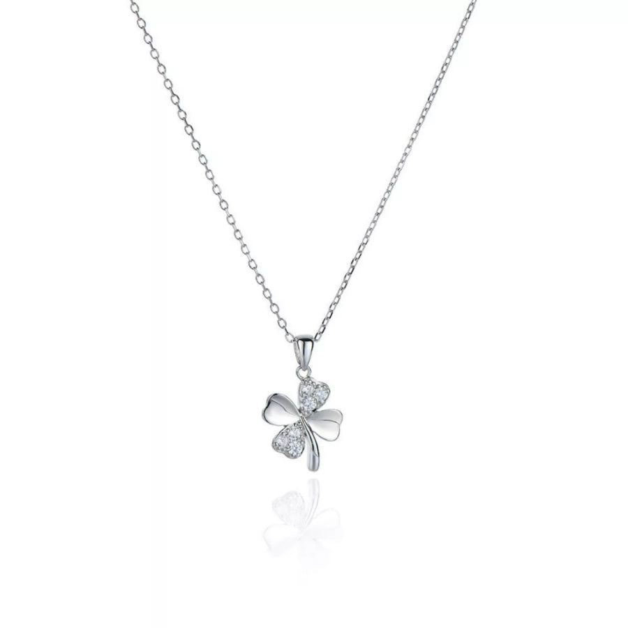 925 Sterling Silver Zircon Clover Pendant Necklace Silver / One Size Apparel and Accessories